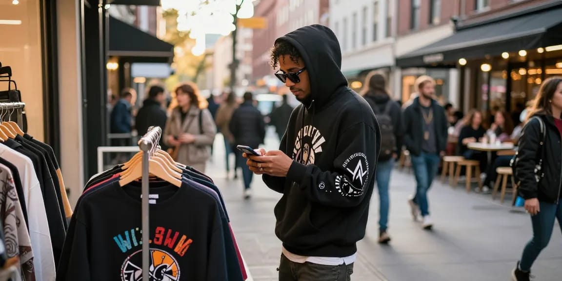 Sleek urban fashion scene showcasing high-quality 레플리카 clothing as individual browses trendy boutique.