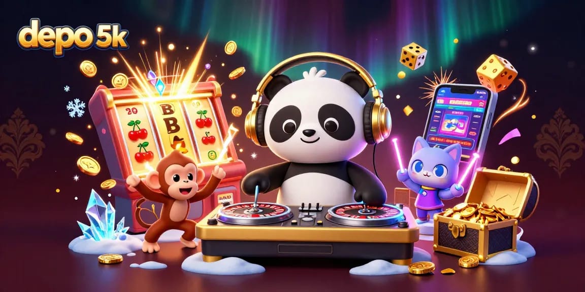 Experience the excitement at depo 5k with vibrant casino elements and engaging characters in a dynamic scene.