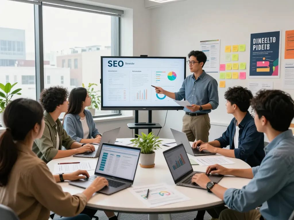 Team of experts at NYC SEO Company collaborating on digital strategies and analytics.