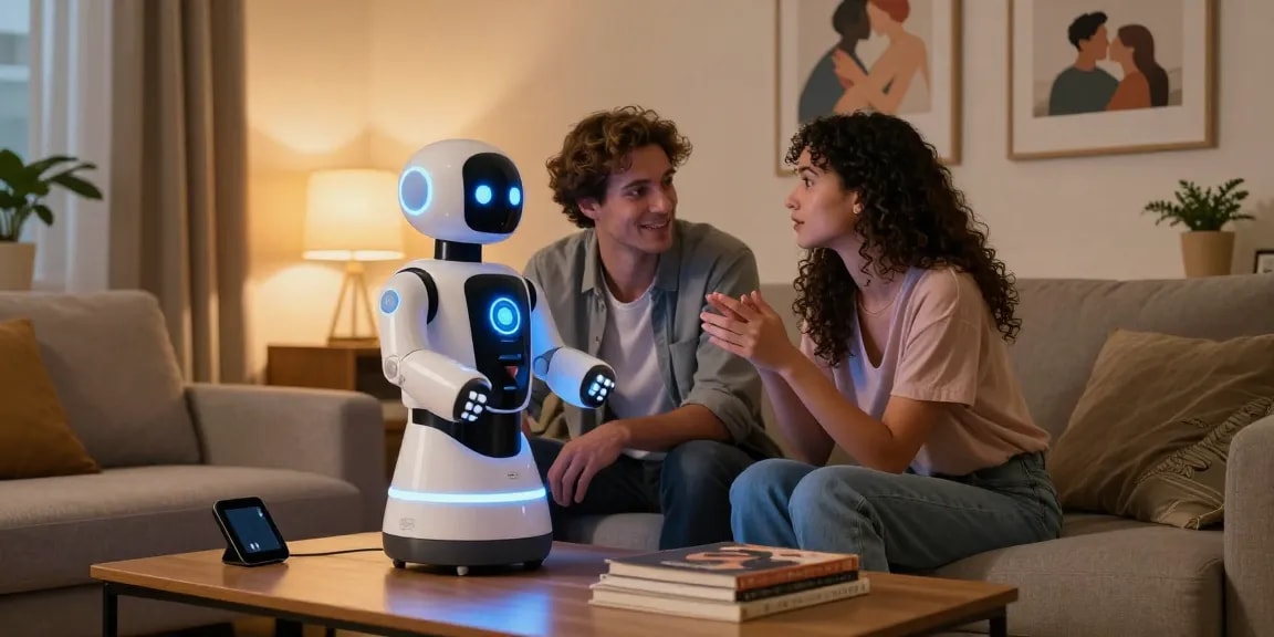 Couple enjoying a playful interaction with a sex bot in a cozy apartment.