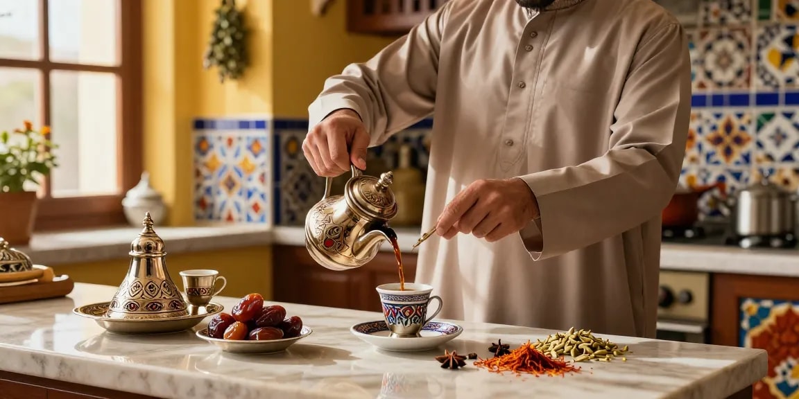 قهوجي يعد القهوة العربية التقليدية مع التواريخ والتوابل في مطبخ مفعم بالألوان.