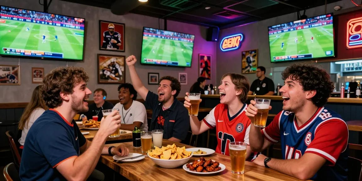 Exciting kooralive sports bar scene with fans cheering during live match.