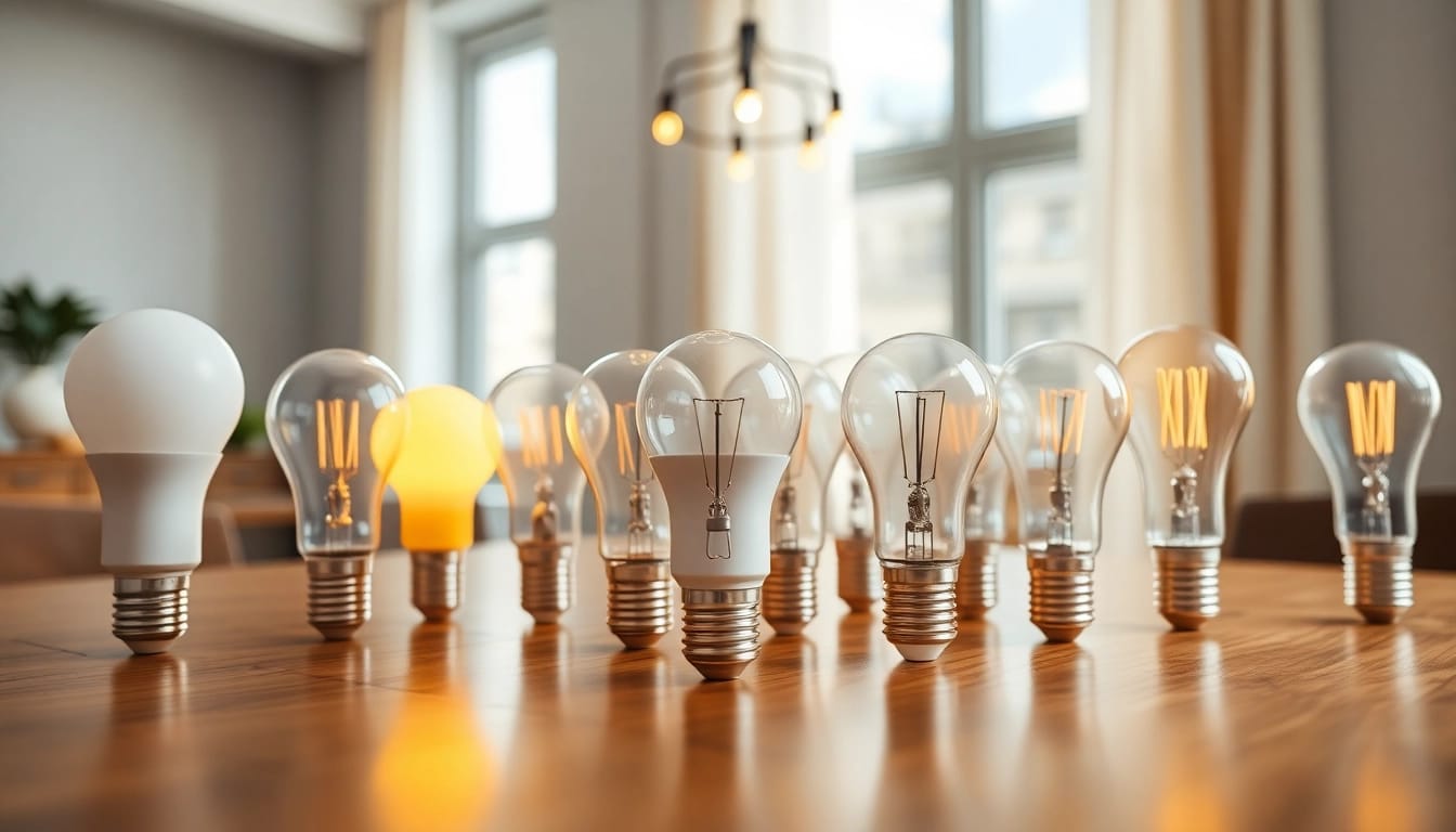 Showcase of various a19 bulbs showcasing unique designs on a stylish table with natural light.