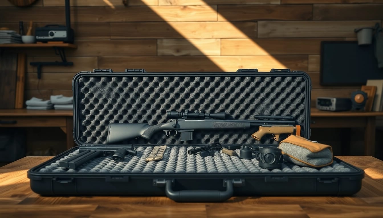 Showcase foam for rifle case with high-density padding and rifle accessories in a stylish layout.