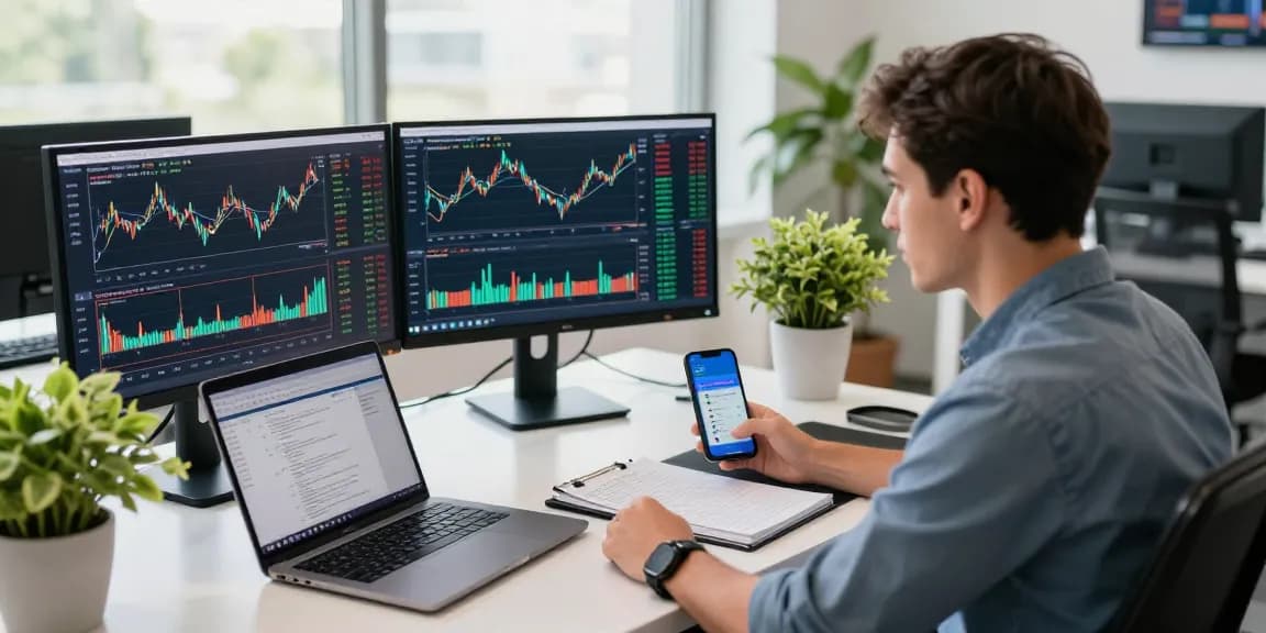 Trader using MetaTrader 5 for market analysis and automated trading strategies at a modern desk.