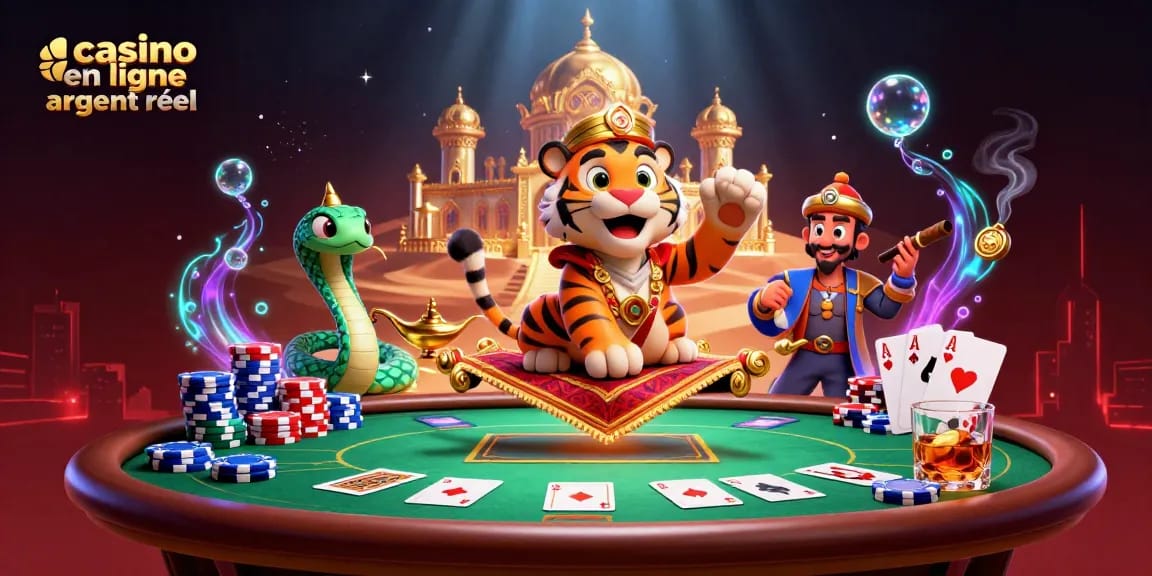 Découvrez le casino en ligne argent réel avec un tigre sultan et des éléments de poker dans un décor féérique.