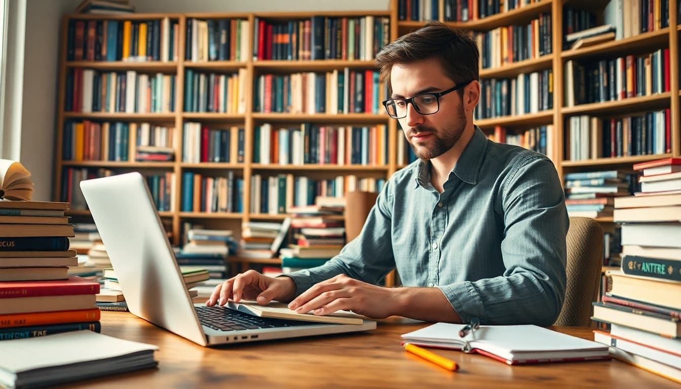 Author writing in a cozy home office, illuminated by soft, natural light.