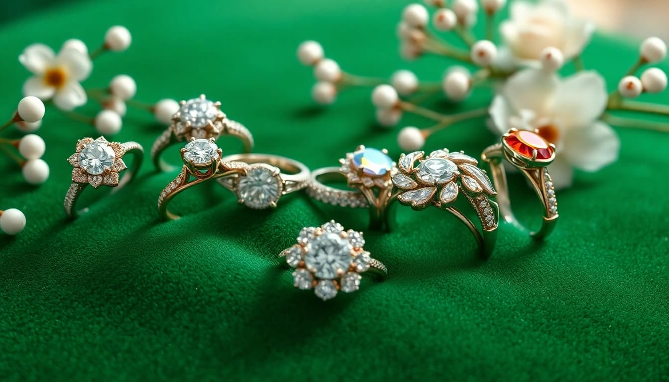 Elegant luxury rings displayed on velvet emphasize their intricate designs and brilliance.