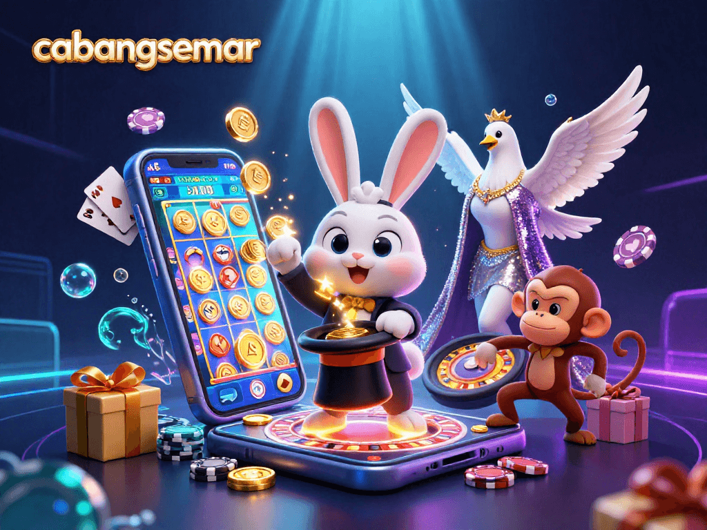 cabangsemar menampilkan ilustrasi casino dengan karakter sihir menarik koin emas dari topi.