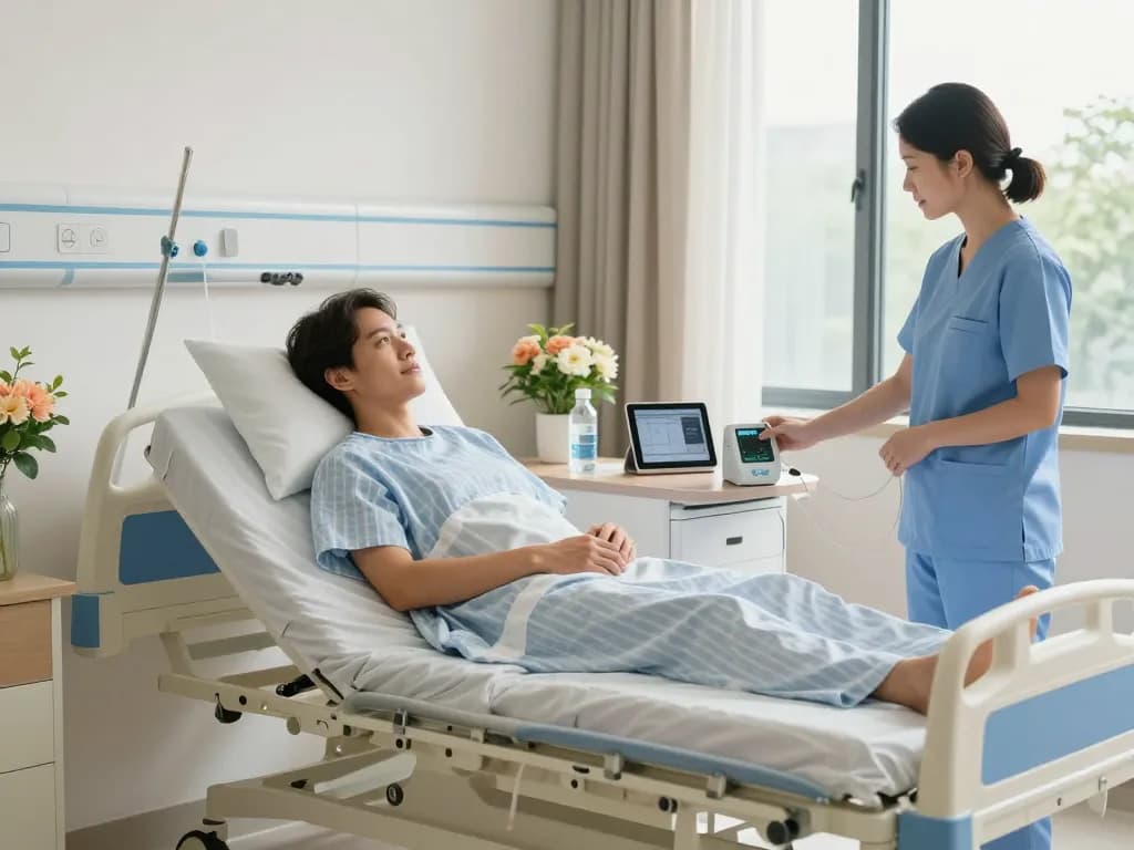 Modern giường bệnh nhân in a hospital room with professional caregiver checking patient, showcasing healthcare comfort.