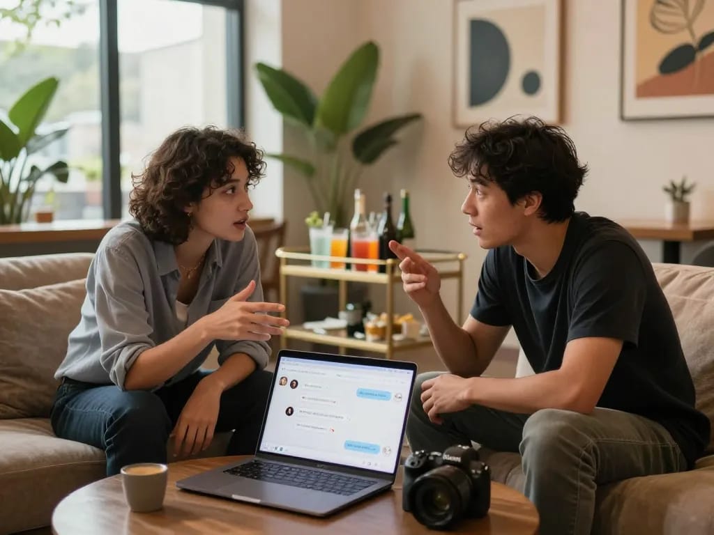 Engaged discussion about nsfw ai chat technology in a cozy lounge setting with interactive AI interface.