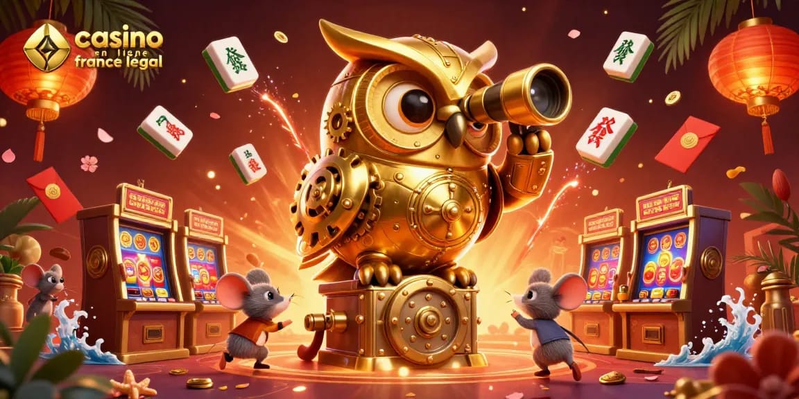 Visualisez un casino en ligne légal en France avec une illustration d'une chouette dorée et des machines à sous.
