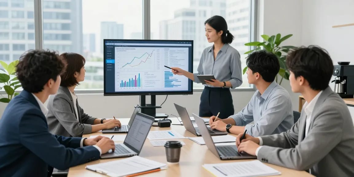 Team collaborating on asset tracing strategies in a modern office, displaying financial data on screen.