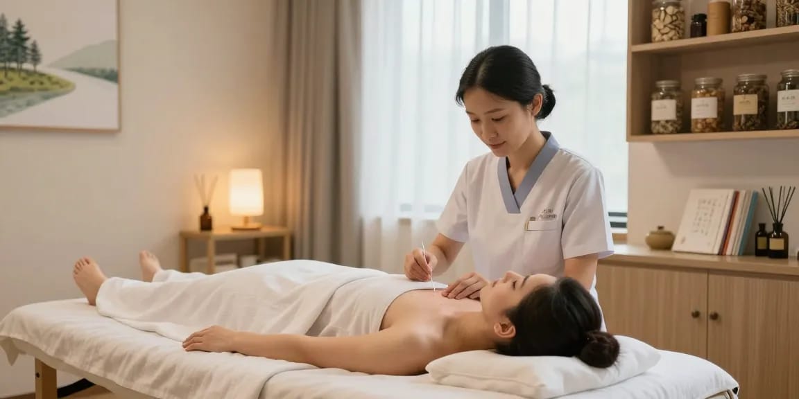 Healing ambiance at 수원한의원 with acupuncturist treating patient in serene clinic