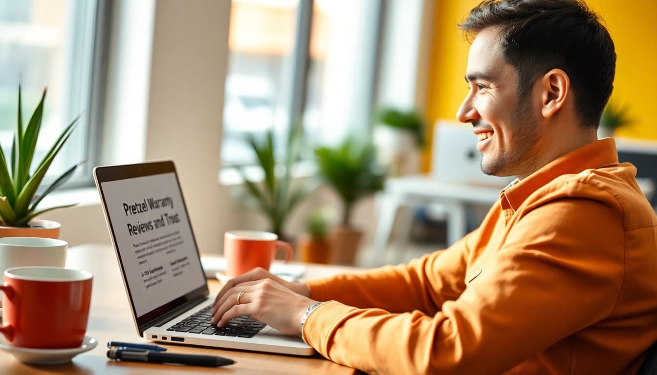 Satisfied customer sharing detailed pretzel warranty reviews and trust in a vibrant office setting.