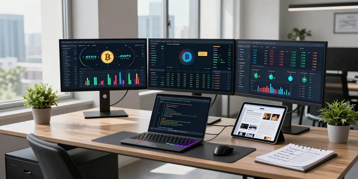 Bitcoin cloud mining dashboard in a modern workspace with professional crypto tools and analytics.