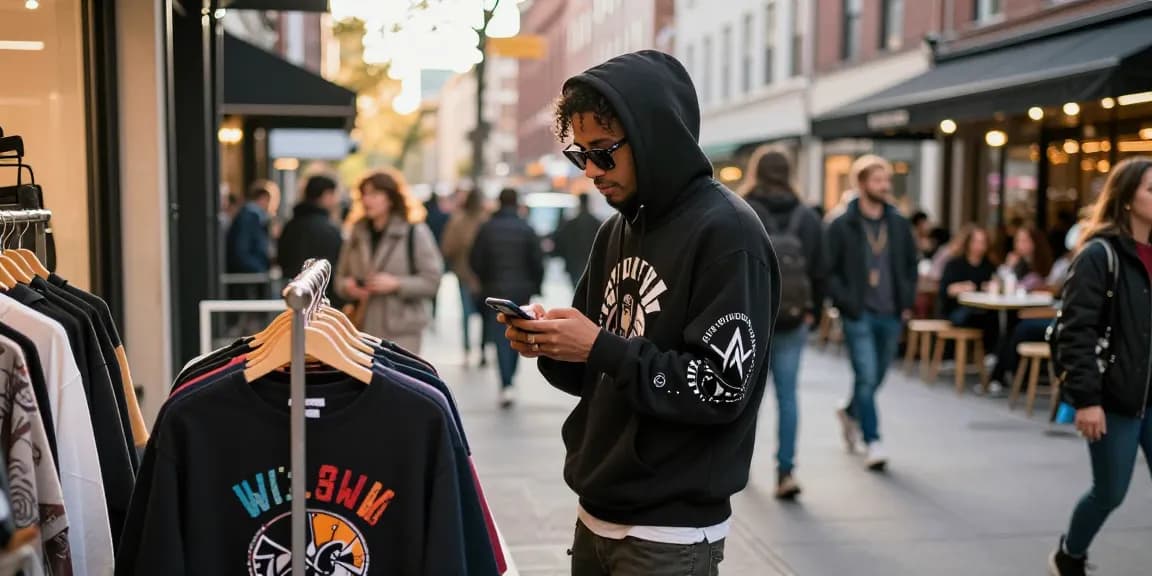 Sleek urban fashion scene showcasing high-quality 레플리카 clothing as individual browses trendy boutique.