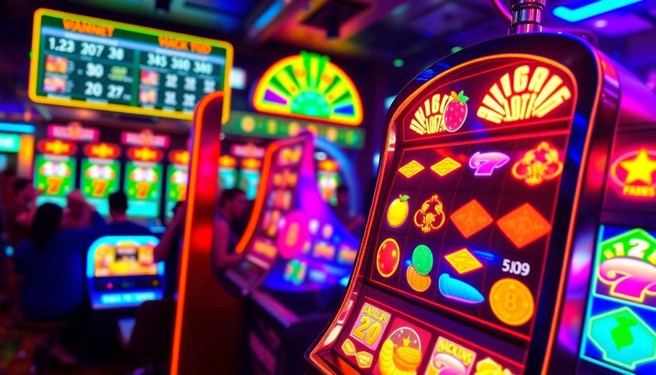 Permainan slot depo 1000 yang mengasyikkan dengan mesin slot berwarna-warni dan cerah.