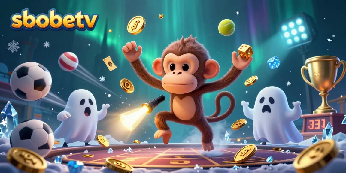 SboBetv showcases a mischievous monkey juggling golden objects in a haunted casino while a curious puppy tracks it.
