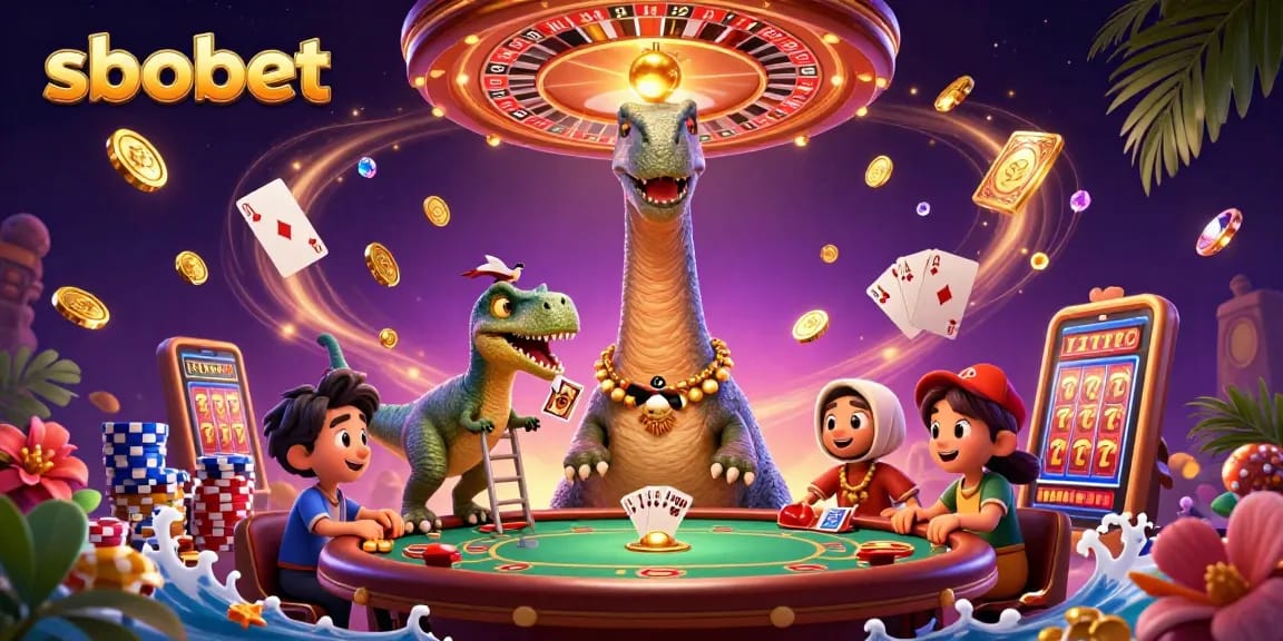 Experience sbobet excitement as a brontosaurus towers over a poker game amidst dazzling casino elements.