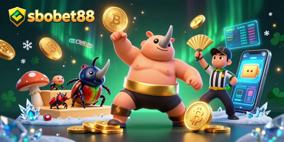 SboBet88 betting showcase with a sumo beetle champion and digital crypto elements flying around
