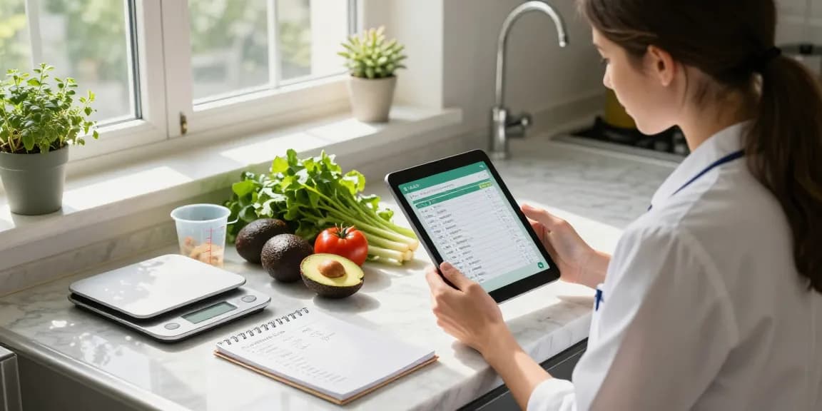 Nutritionist exploring the best food tracking app in a modern kitchen filled with fresh ingredients.
