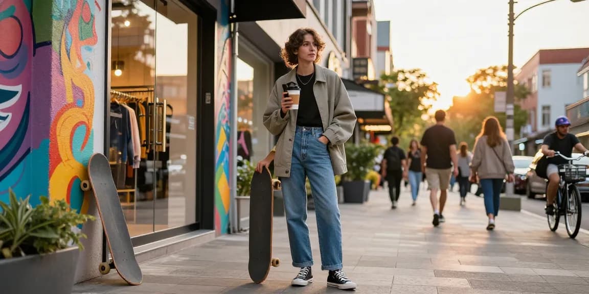 Stylish urban individual embodying street fashion near https://shs-dome5.com/ with vibrant colors and creative energy.