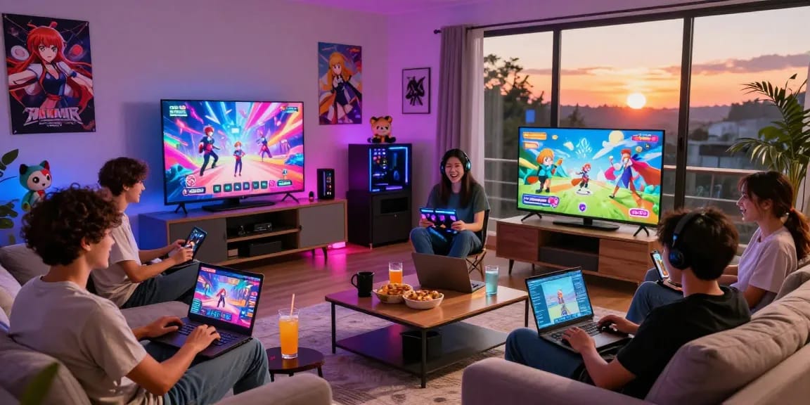 Gamers enjoying popular hentaigames in a lively living room setting.