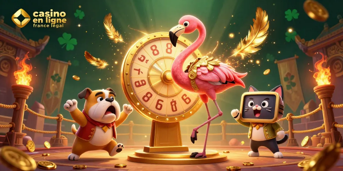 Illustration d'un jeu de casino en ligne France légal avec un animateur, un bulldog et un chat assistant entourés de récompenses.