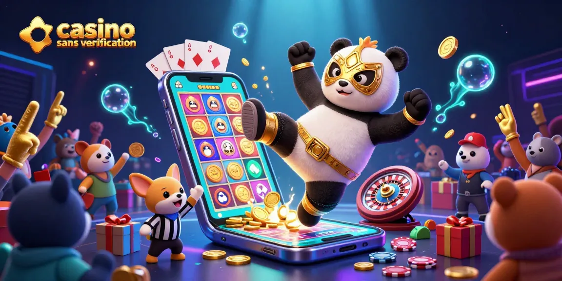Célébrez le jeu avec une scène animée de casino sans vérification, illustrant un panda lutteur en vol.