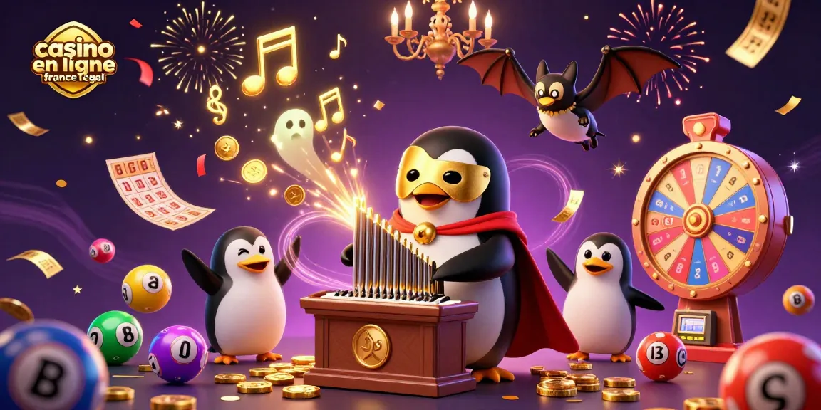 Jouer sur un casino en ligne France légal avec un pingouin fantôme organiste émettant des pièces dorées.