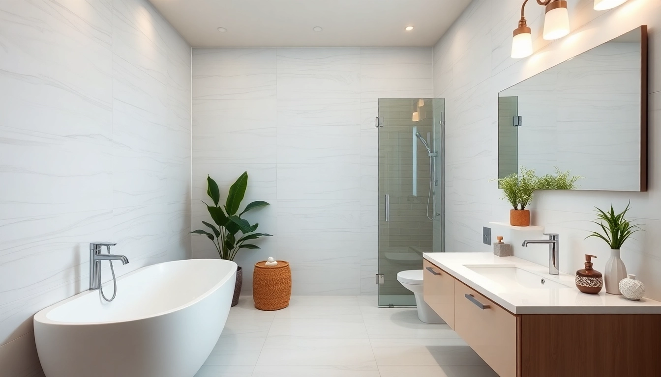 Bathroom remodeling contractors implementing stylish designs in a modern bathroom renovation.