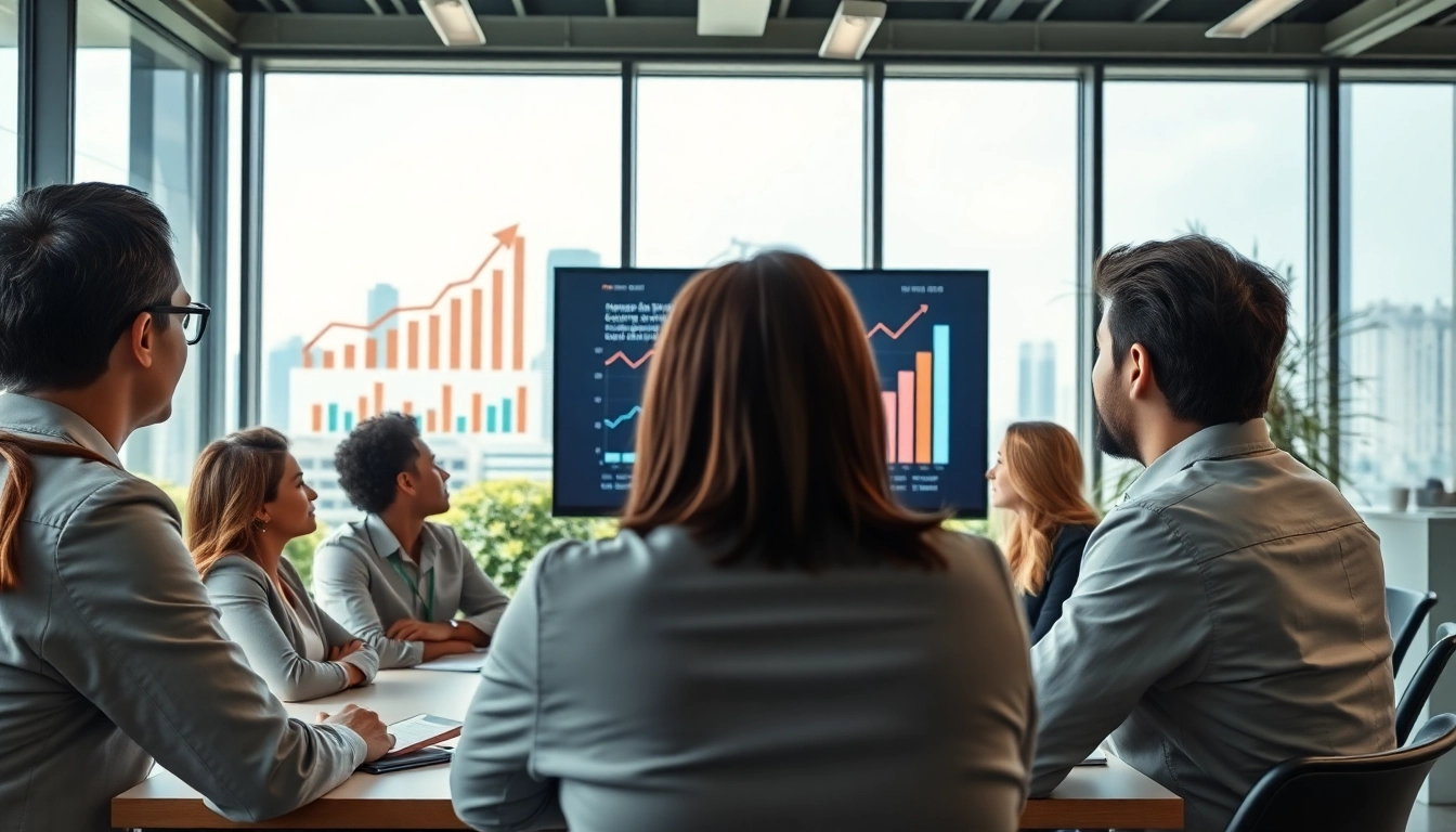Analyze growth strategy trends in a professional setting showcasing teamwork and engaging presentations.