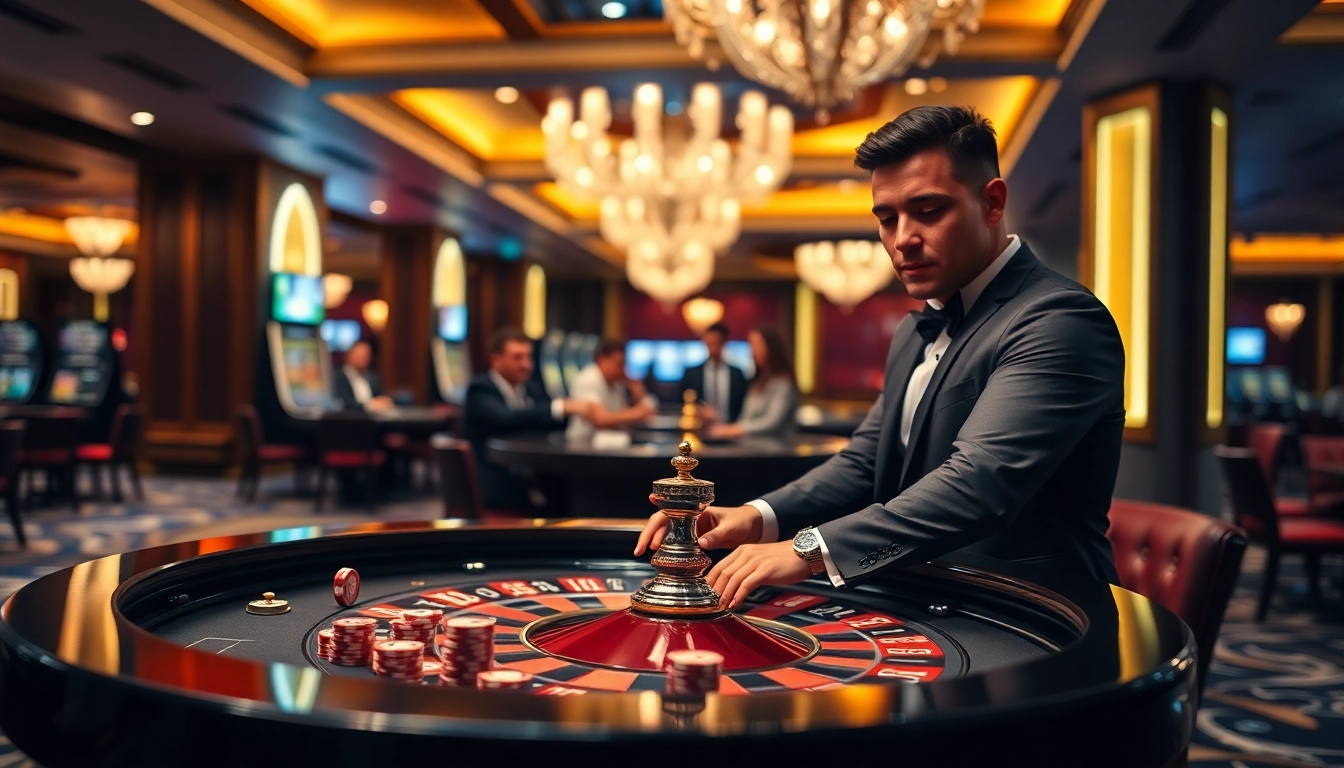 Main dealer engaging players at Planet77 Pulsa casino roulette table.
