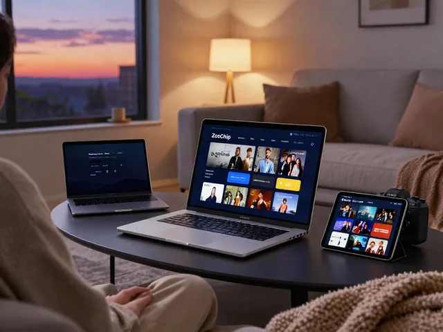 Engaged user accessing ZoeChip on laptop in cozy living room