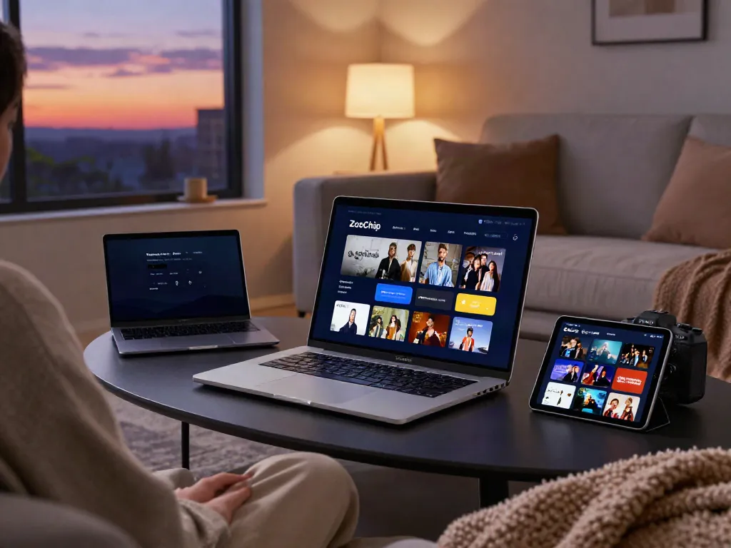 Engaged user accessing ZoeChip on laptop in cozy living room
