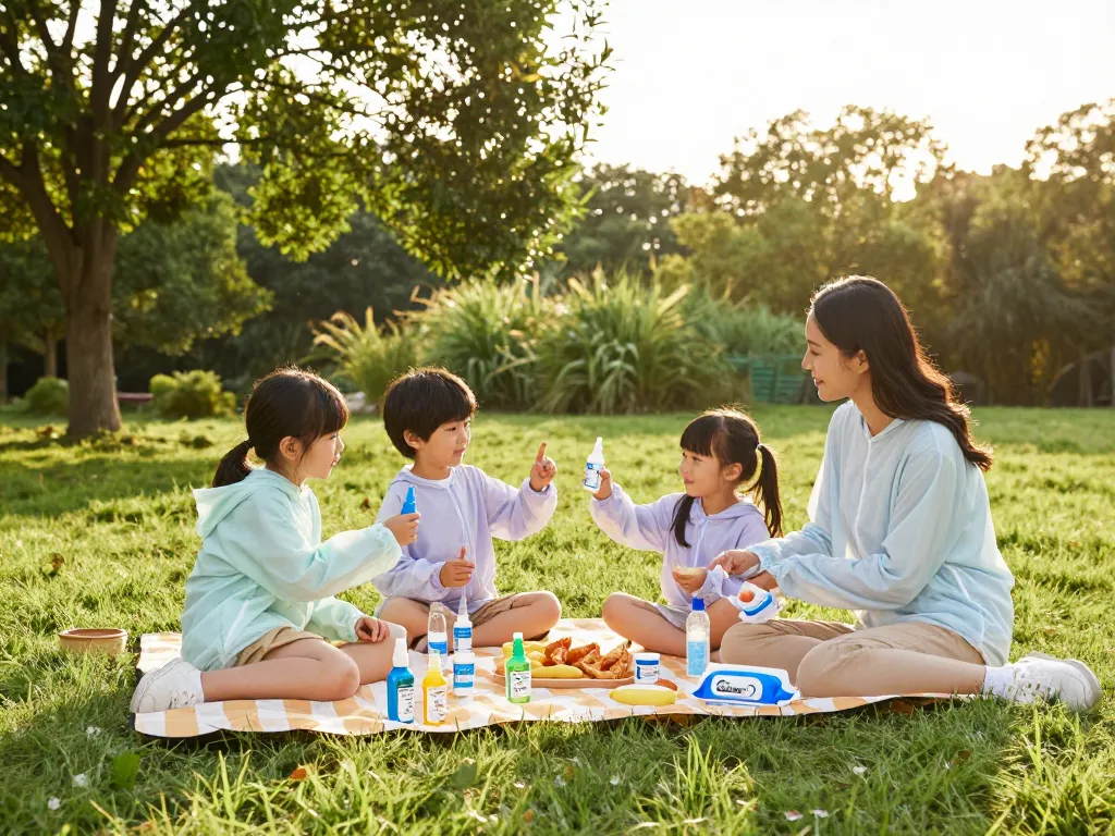 Family enjoying a picnic with mosquito repellent options on display, highlighting outdoor protection against insects.