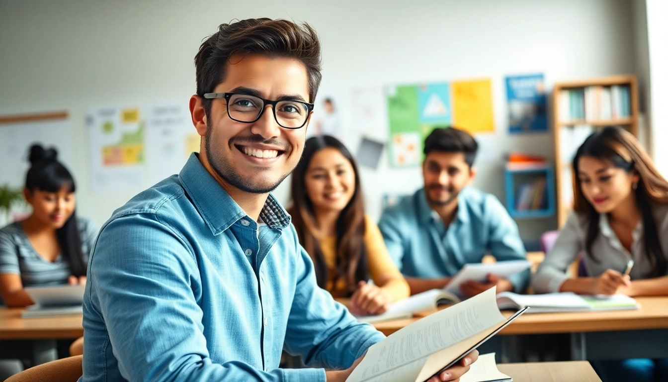 Tutor offering toefl expert help in an interactive classroom setting with diverse students.