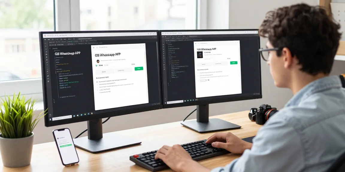 Developer coding GB WhatsApp APK in tech workspace with dual monitors, reflecting innovative software development.