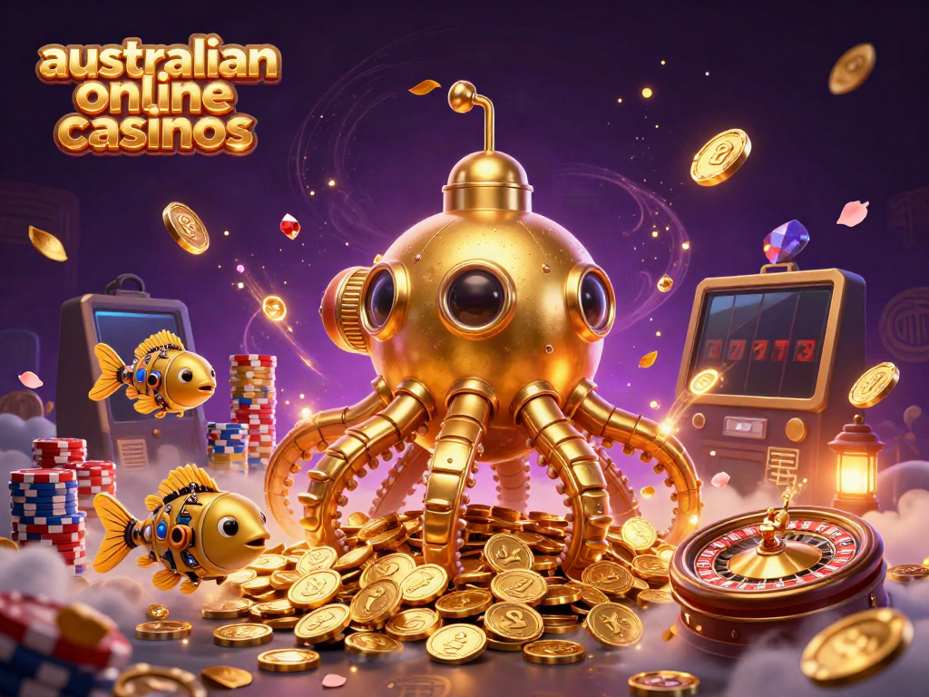 Experience vibrant gameplay scenes at australian online casinos featuring a gold kraken submarine and animated casino elements.