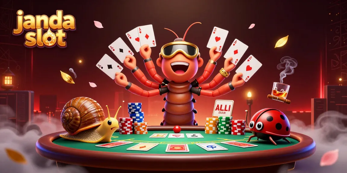 Permainan janda slot yang menarik dengan dealer kartun 3D dan ikan kerang membawa tumpukan chip besar.