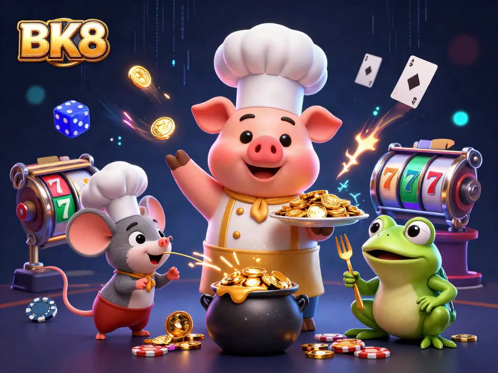 Experience thrilling games at BK8 with vibrant cartoon characters in a lavish casino setting.