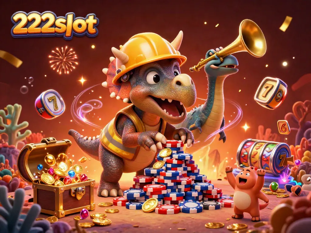 Gambaran meriah dari 222slot, menampilkan triceratops dan parasaurolophus dalam suasana kasino yang semarak.
