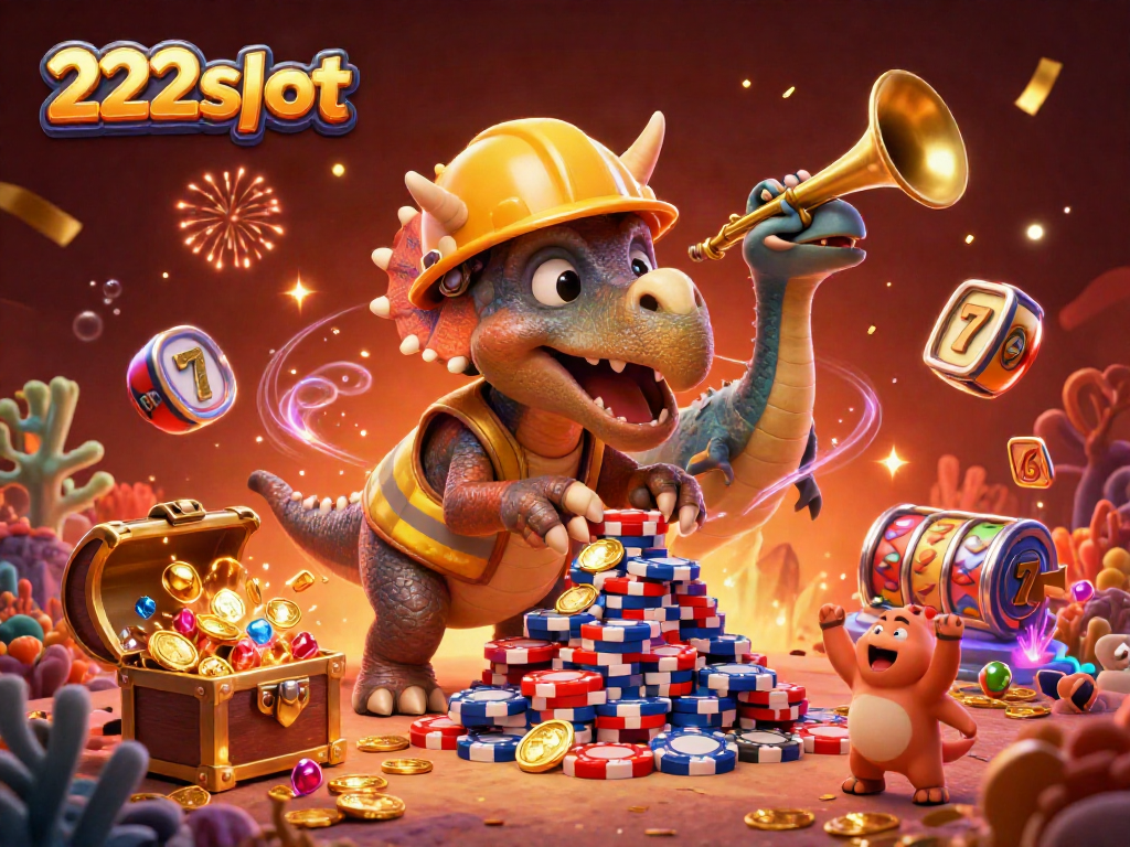 Gambaran meriah dari 222slot, menampilkan triceratops dan parasaurolophus dalam suasana kasino yang semarak.