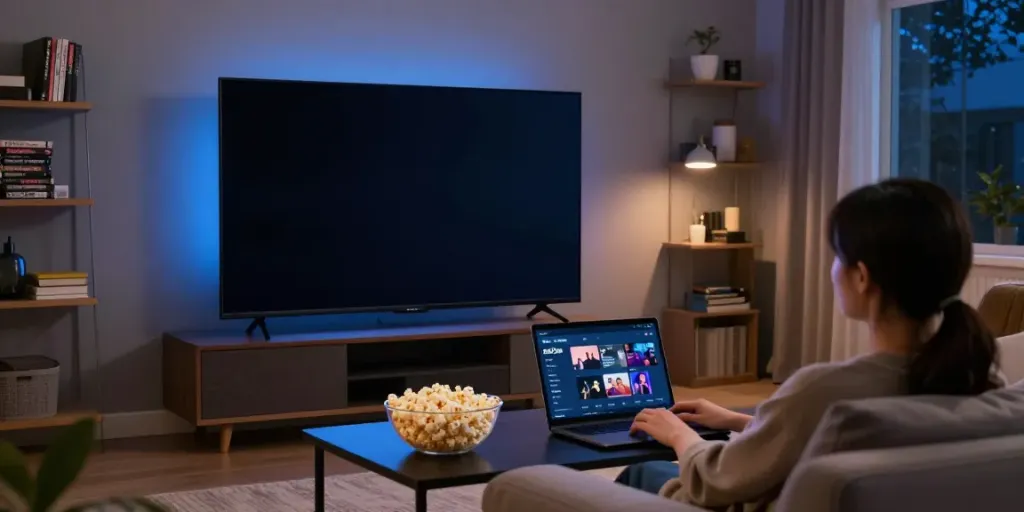 Enjoying a ZoeChip movie on a cozy couch with popcorn and warm lighting.