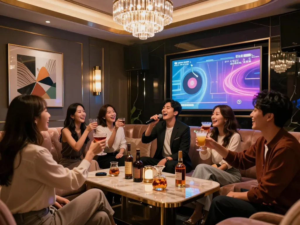 Experience the vibrant atmosphere of 강남가라오케 with friends enjoying a luxurious private karaoke session.