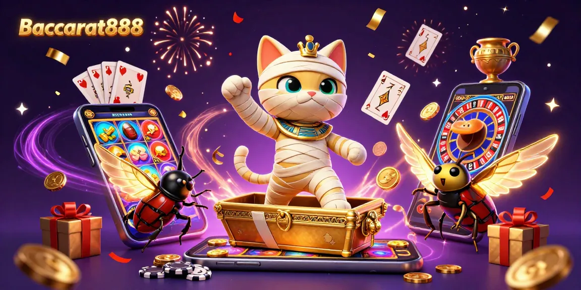 Engage with Baccarat888's thrilling 3D casino scene featuring an Egyptian mummy, vibrant games, and dynamic elements.