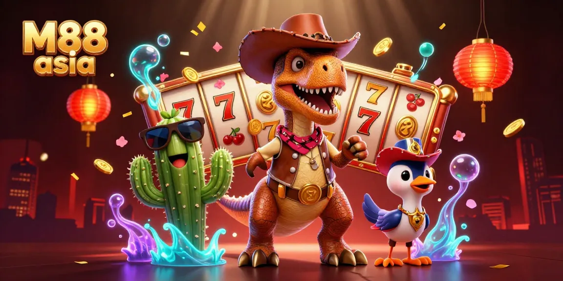 M88 asia showcases an animated T-Rex and friends enjoying vibrant slots and gaming elements in a colorful scene.