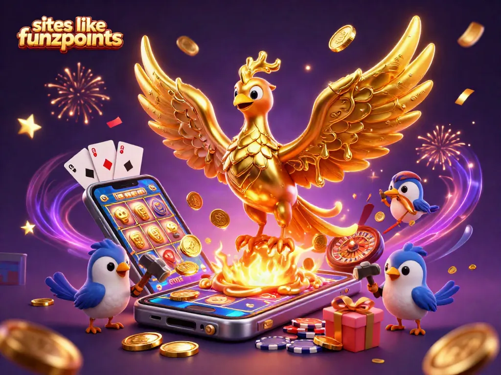Spin colorful slot reels at sites like Funzpoints, featuring a golden phoenix and dynamic gaming elements.