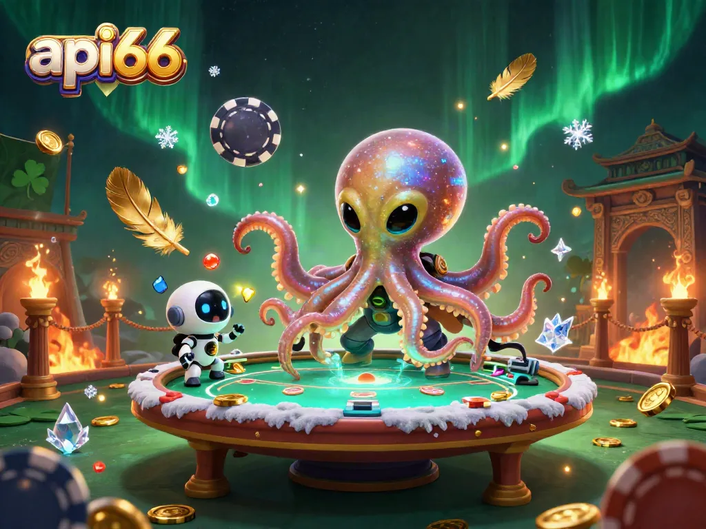 Experience the thrilling gameplay of api66 with an alien octopus at a holographic poker table amidst dynamic casino elements.